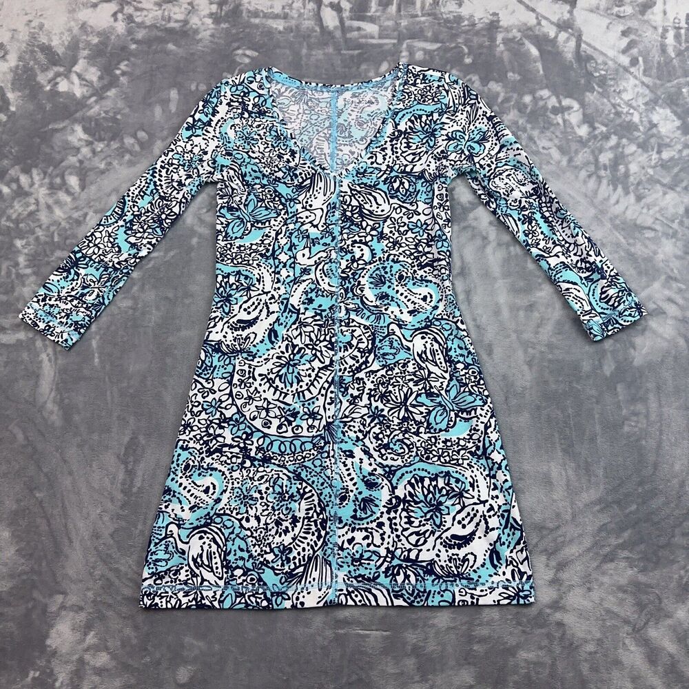 Lilly Pulitzer Juliet Dress Shorely Blue Hippy Happy Shake Pima Cotton Size XS